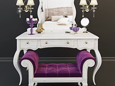 Elegant White Dressing Table With Purple Velvet Chair Mirror And Decorative Lamps 3d model