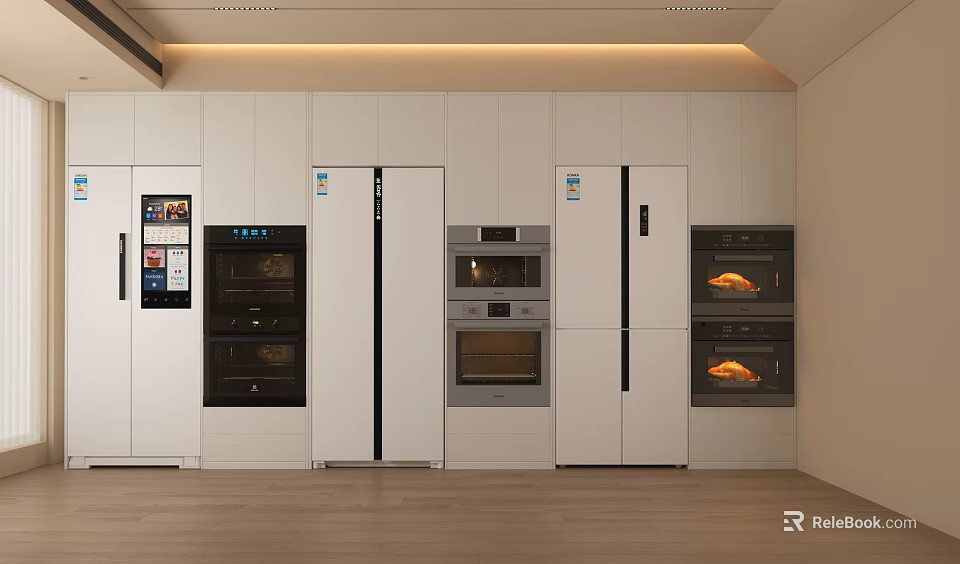 Stylish Modern Kitchen With Built In Appliances And White Cabinets 3d model 