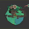Floating Island Scene With Large Green Tree Wooden Hut Bridge Pond Fish And Boat