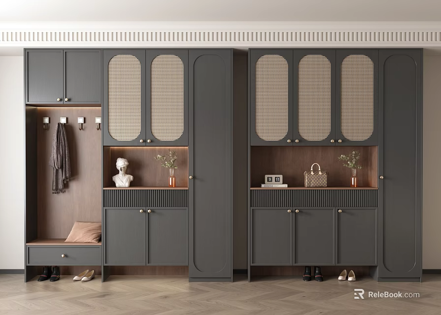Modern Entryway Shoe Cabinet With Glass Doors Storage Coat Hooks And Decorative Shelves 3d model 