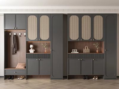 Modern Entryway Shoe Cabinet With Glass Doors Storage Coat Hooks And Decorative Shelves 3d model