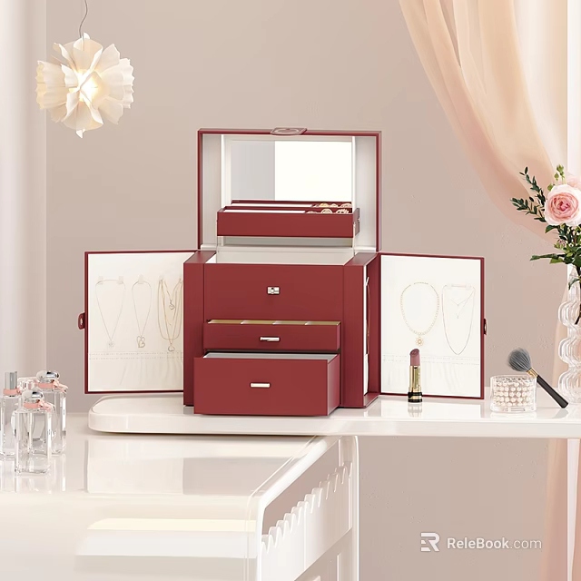 Elegant Red Jewelry Organizer Set With Mirror Drawers Cosmetics And Pink Rose Vase On Desktop 3d model 