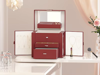 Elegant Red Jewelry Organizer Set With Mirror Drawers Cosmetics And Pink Rose Vase On Desktop 3d model