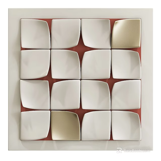 Geometric Wall Decor with White and Gold Squares on Red Background Pattern 3d model 