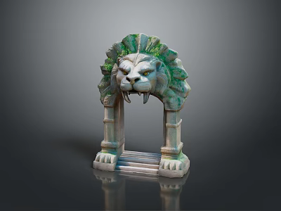 Decorative Lion Head Stone Arch Sculpture With Green Accents And Steps In Landscape 3d model