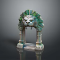 Decorative Lion Head Stone Arch Sculpture With Green Accents And Steps In Landscape