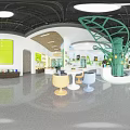 Modern Exhibition Hall Interior With Green Tree Shaped Decoration White Pendant Lights And Eco Counters