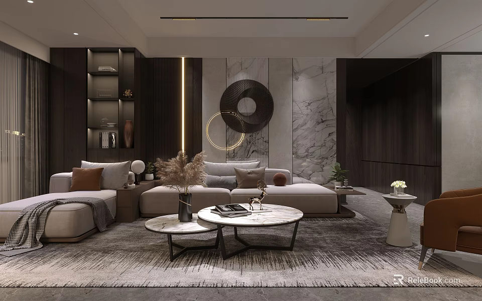 Modern Living and Dining Area Interior With Sofa Coffee Table Marble Wall And Circular Decor 3d model 