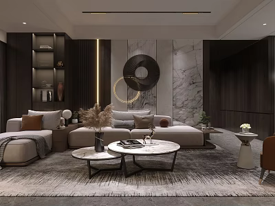 Modern Living and Dining Area Interior With Sofa Coffee Table Marble Wall And Circular Decor 3d model