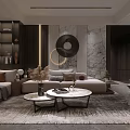 Modern Living and Dining Area Interior With Sofa Coffee Table Marble Wall And Circular Decor