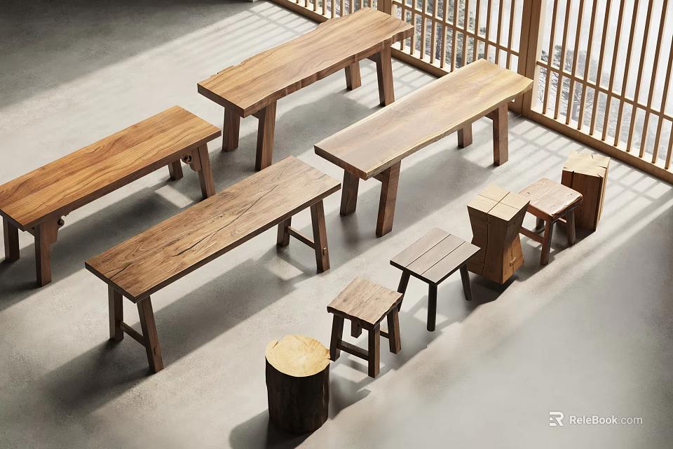 Natural Wooden Stools and Benches in Simple Indoor Display Space with Log Accents 3d model 