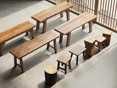 Natural Wooden Stools and Benches in Simple Indoor Display Space with Log Accents 3d model