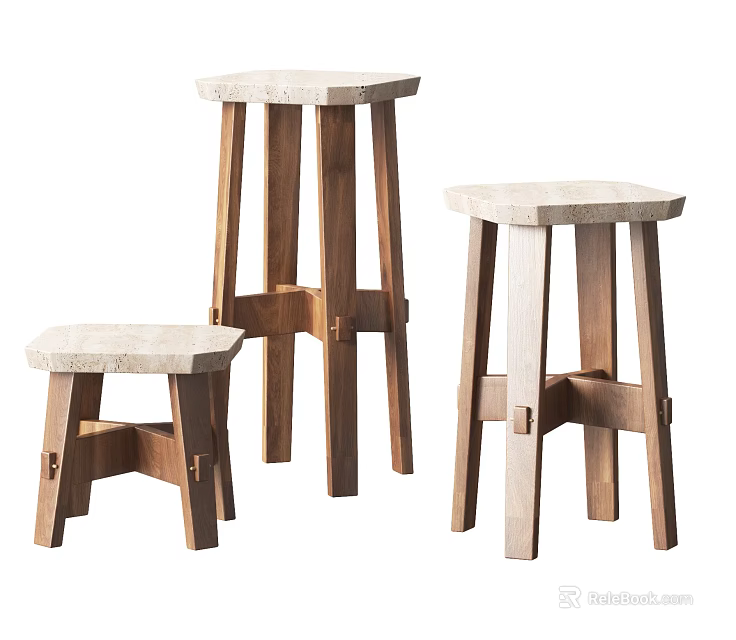 Modern Wooden Bar Stools with Marble Tops in Various Heights Sturdy Design 3d model 