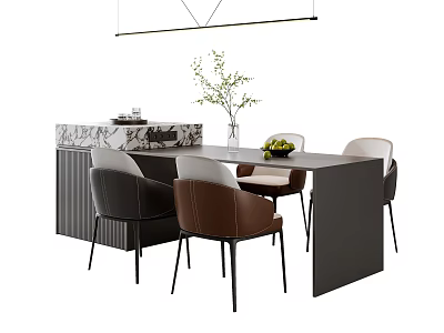Modern Kitchen Dining Area Interior With Marble Island And Comfortable Chairs Green Plants Vase 3d model