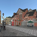 European Style Commercial Street With Clock Tower Street Lamps Outdoor Seating And Patterned Plaza Ground