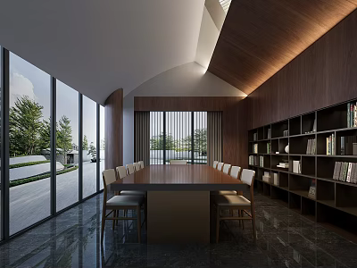 Modern Study Room With Long Table Chairs Bookshelves And Large Windows 3d model