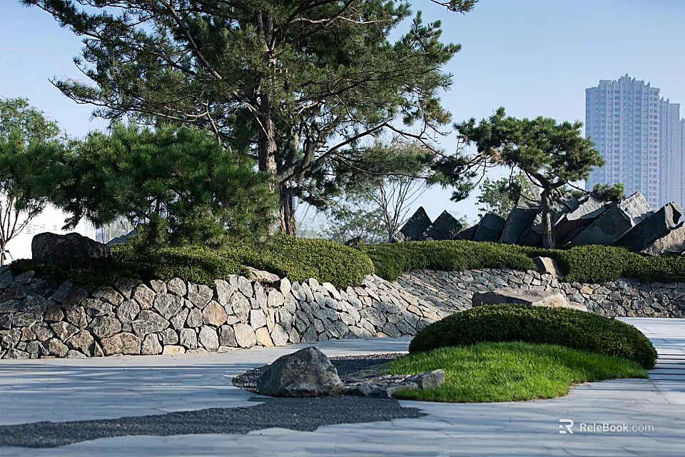 Urban Garden Landscape With Pine Trees Stone Walls Trimmed Hedges And Grass 3d model 