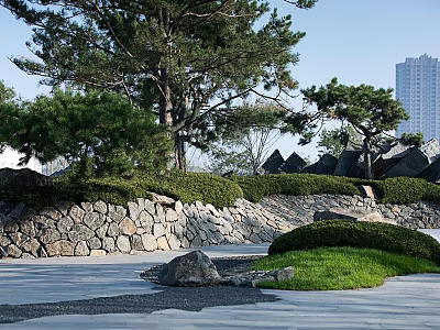 Urban Garden Landscape With Pine Trees Stone Walls Trimmed Hedges And Grass 3d model