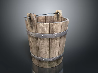 Rustic Wooden Bucket With Metal Hoops Handle And Sturdy Structure For Home Daily Use 3d model