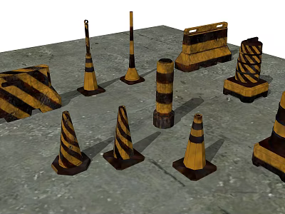 Road Traffic Facilities With Yellow Black Striped Cones And Safety Barriers 3d model