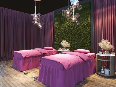 Spa Sauna Room Featuring Massage Beds Pink Sheets Purple Curtains Green Vertical Garden And Chandeliers 3d model