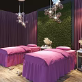 Spa Sauna Room Featuring Massage Beds Pink Sheets Purple Curtains Green Vertical Garden And Chandeliers