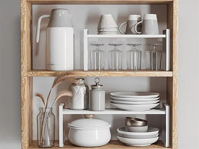 Organized Kitchenware Display On Wooden Shelf With Kettle Mugs Glasses Jars Plates And Bowls 3d model