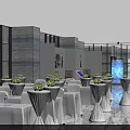 Modern Exhibition Hall With Marble Floor Landscape Paintings Display Stands And Digital Screens