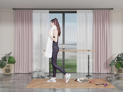 Pink Curtains Beside Large Window In Fitness Room With Yoga Mat Dumbbells And Plants 3d model