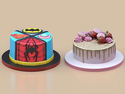 Colorful Superhero Themed Cake And Fruit Decorated Cake With Strawberry Peach Floral Topping 3d model