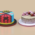 Colorful Superhero Themed Cake And Fruit Decorated Cake With Strawberry Peach Floral Topping