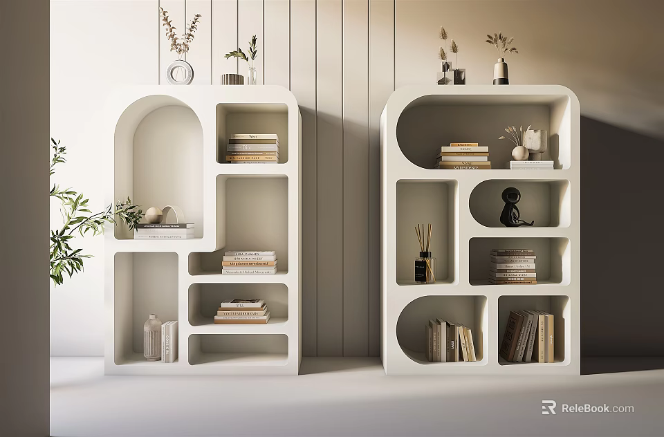 Modern White Bookshelves Interior Design With Books Decorative Items And Potted Plants 3d model 