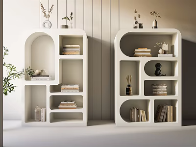 Modern White Bookshelves Interior Design With Books Decorative Items And Potted Plants 3d model