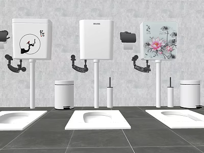 Contemporary Toilet Featuring Wall Mounted Tanks With Different Designs Floral Patterns And Accessories 3d model