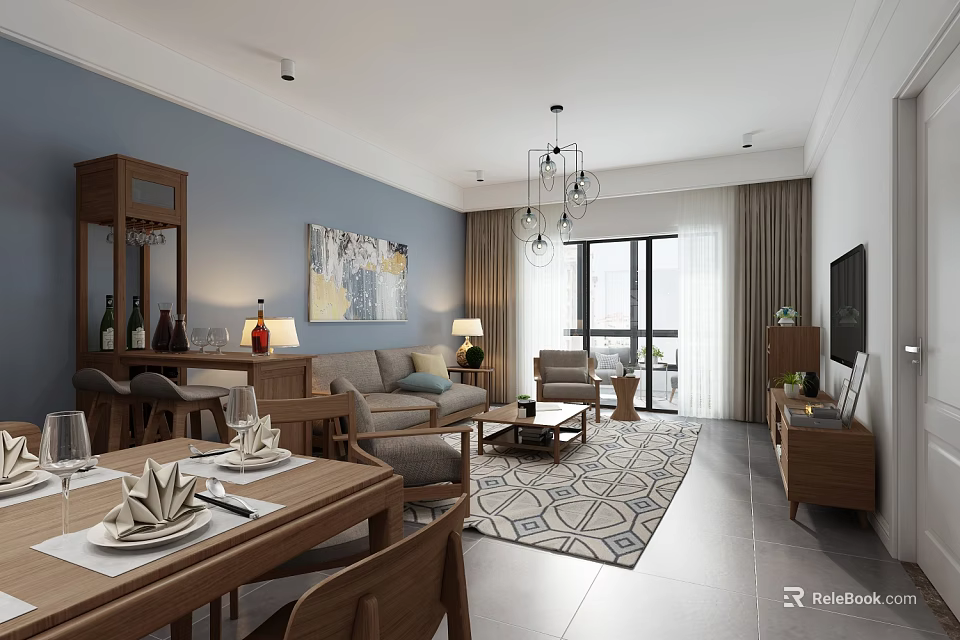 Modern Living And Dining Room Interior With Wooden Furniture Light Blue Walls And Geometric Rug 3d model 