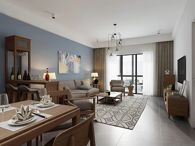 Modern Living And Dining Room Interior With Wooden Furniture Light Blue Walls And Geometric Rug 3d model