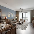 Modern Living And Dining Room Interior With Wooden Furniture Light Blue Walls And Geometric Rug