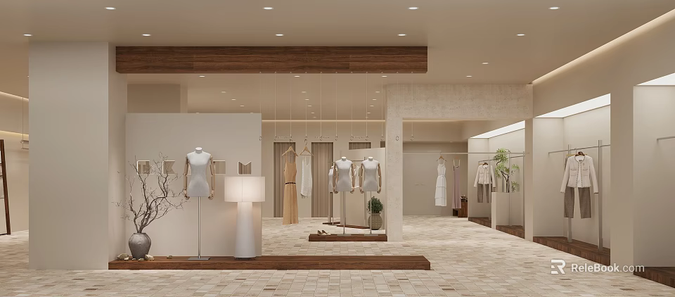 Modern Warm Minimalist Clothing Store Interior With Stylish Mannequins And Exquisite Garment Display Space 3d model 