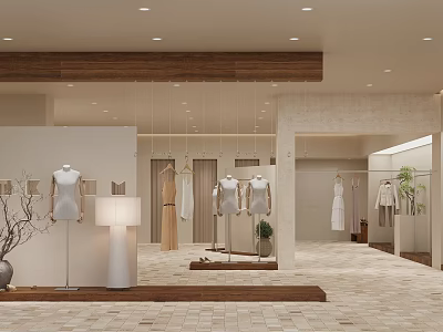Modern Warm Minimalist Clothing Store Interior With Stylish Mannequins And Exquisite Garment Display Space 3d model