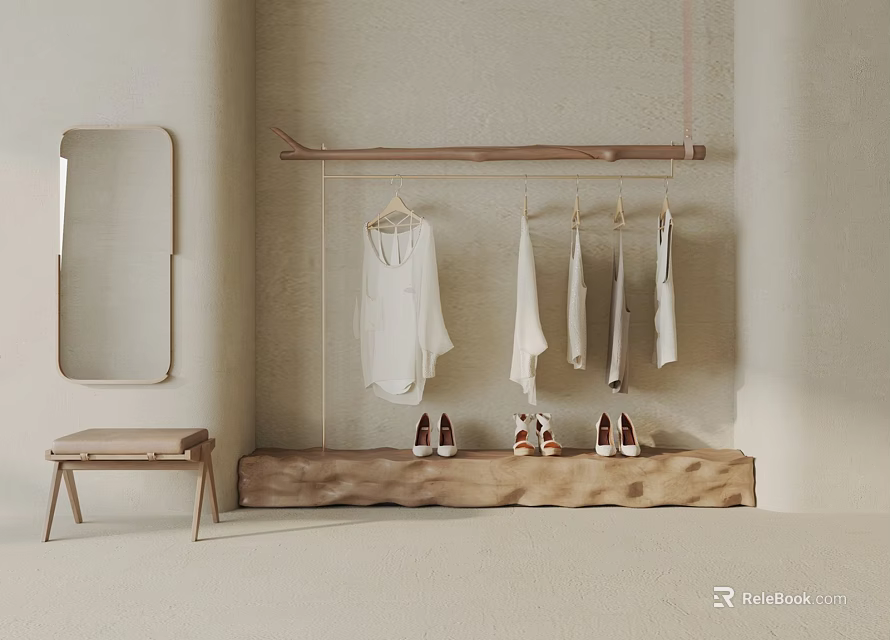 Minimalist Wooden Clothes Hanger With White Garments Mirror Small Stool And Shoes 3d model 