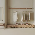 Minimalist Wooden Clothes Hanger With White Garments Mirror Small Stool And Shoes