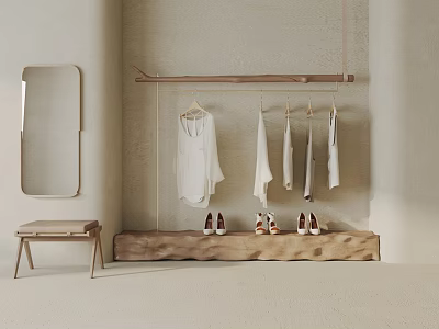 Minimalist Wooden Clothes Hanger With White Garments Mirror Small Stool And Shoes 3d model