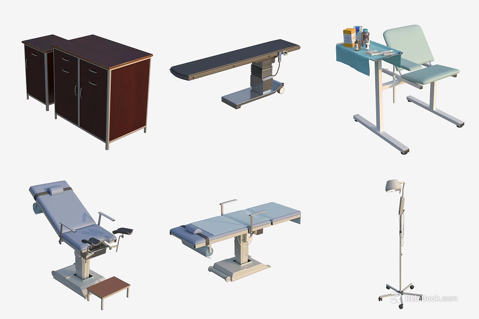 Essential Medical Devices Including Cabinet Examination Table Surgical Table Treatment Chair And IV Stand 3d model 