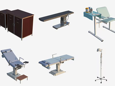 Essential Medical Devices Including Cabinet Examination Table Surgical Table Treatment Chair And IV Stand 3d model