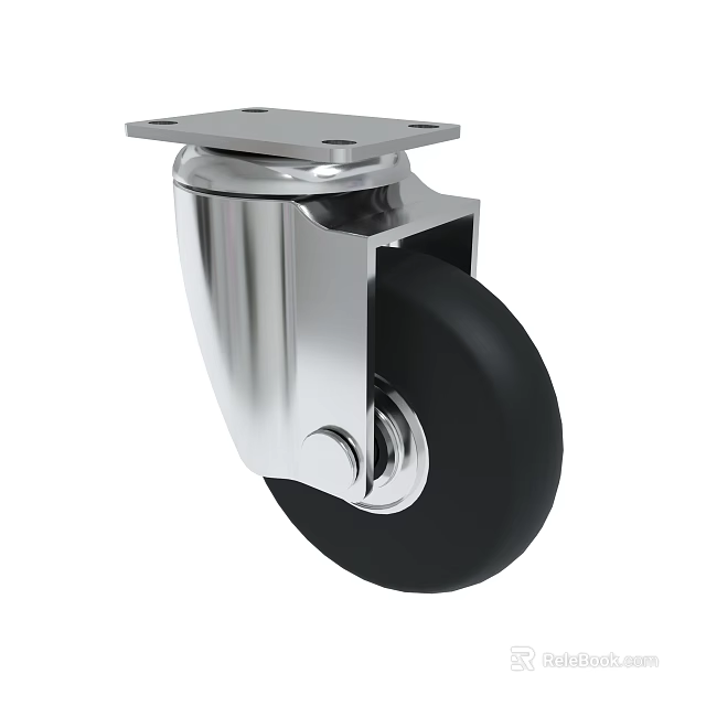 Chrome Plated Caster Wheel With Black Rubber Tire And Square Mounting Plate 3d model 