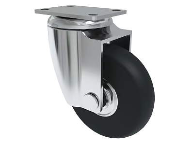 Chrome Plated Caster Wheel With Black Rubber Tire And Square Mounting Plate 3d model