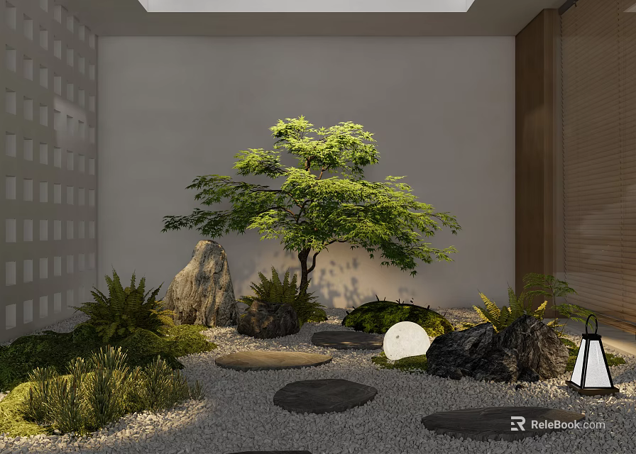 Tranquil Courtyard Garden Featuring Green Tree Stones Lantern Round Moon Lamp And Stepping Stones 3d model 