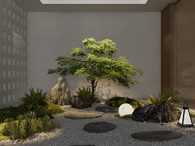 Tranquil Courtyard Garden Featuring Green Tree Stones Lantern Round Moon Lamp And Stepping Stones 3d model
