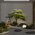 Tranquil Courtyard Garden Featuring Green Tree Stones Lantern Round Moon Lamp And Stepping Stones