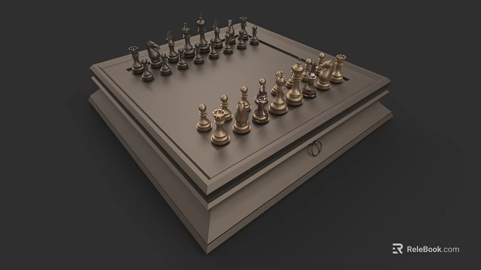 Elegant Chess Set With Wooden Board And Metal Pieces In Drawer Design 3d model 